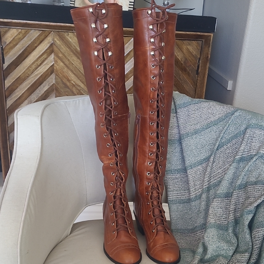 Free People Cognac Leather Lace-Up Above Knee-High Boots